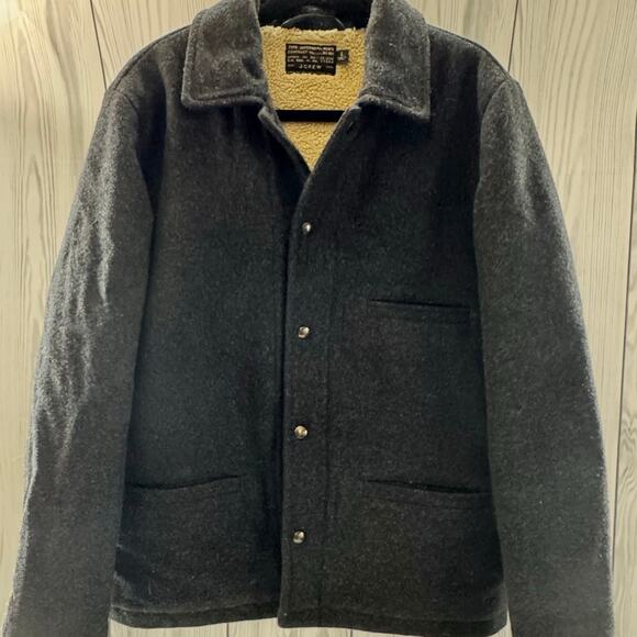 J CREW Men’s Sherpa Lined Skiff Jacket 100% Wool - Charcoal Gray Large - Picture 1 of 12